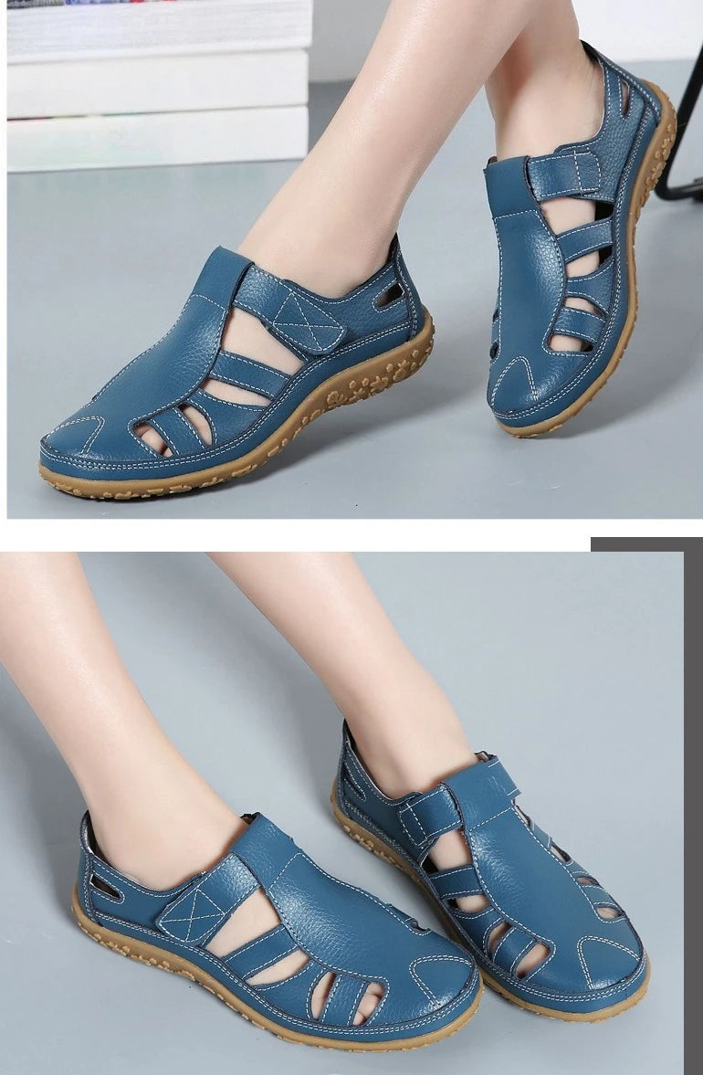 Women's Leather Sandals Casual Summer Closed Toe Beach Sandals Flat Comfortable Sneakers
