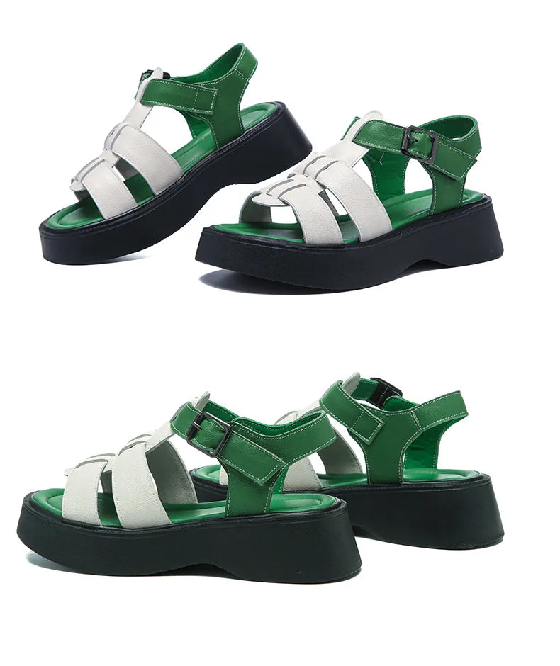 GKTINOO Summer Mixed Color Genuine Leather Sandals Roman Shoes Platform Wedges Woven Thick Soled Sandals Women Shoes Large Size