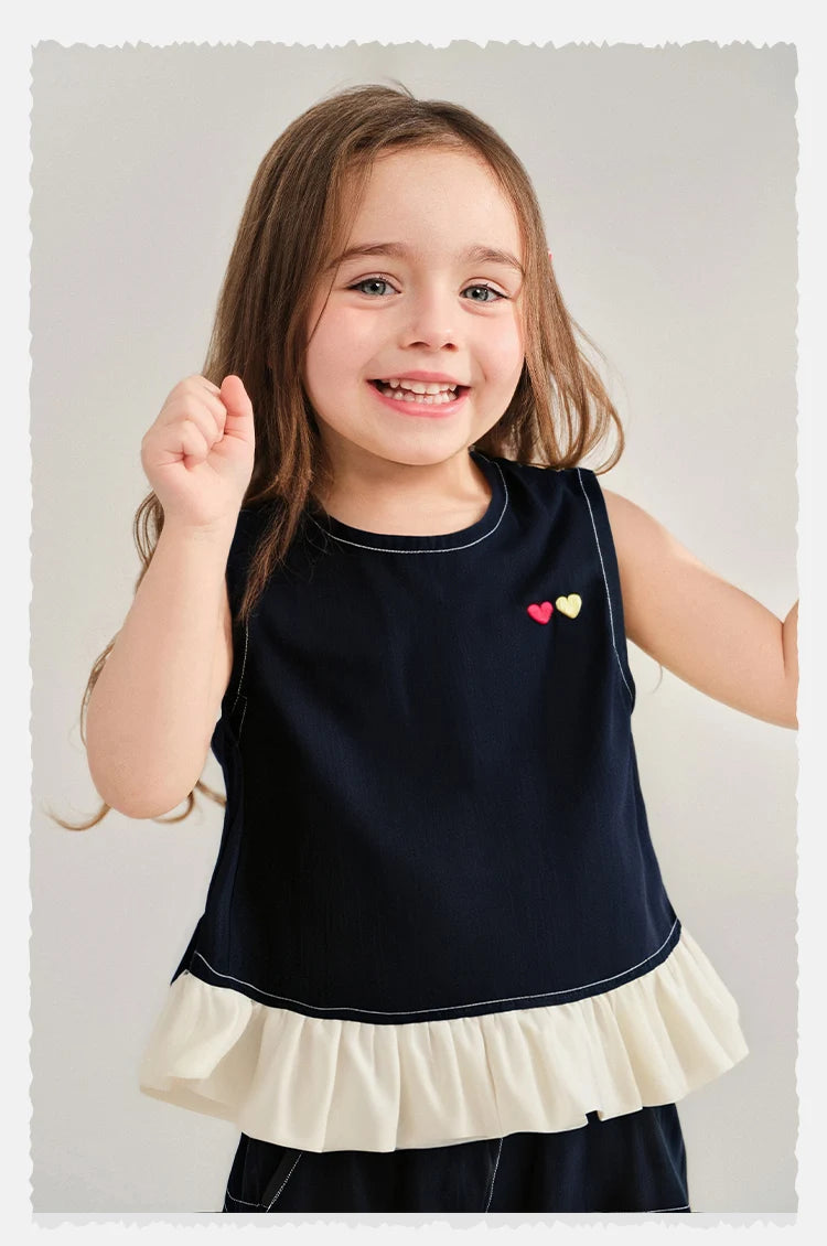 Amila 2026 Girls Summer Set Navy Blue Top Wide Pants 2025 Fashion Heart Embroidery Ruffle Casual Trendy Kids Outfit Sleeveless