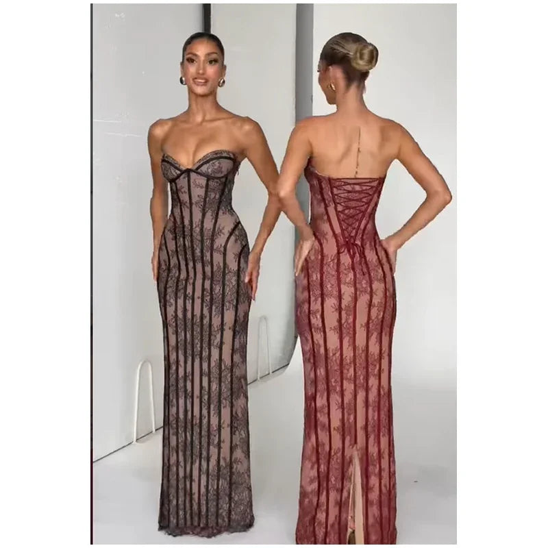 Women Strapless Tulle Fishbone Dress Backless Off Shoulder Printed Patchwork Slim Maxi Dresses 2026 Lady Chic Party Evening Gown