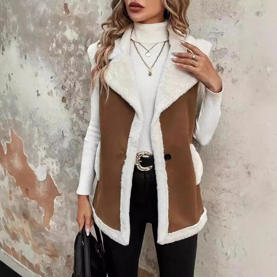 European American Fashion Women’s Color-coded Sleeveless Casual Trendy Loose Turn-down Collar Loose Vests Female Clothes Coats