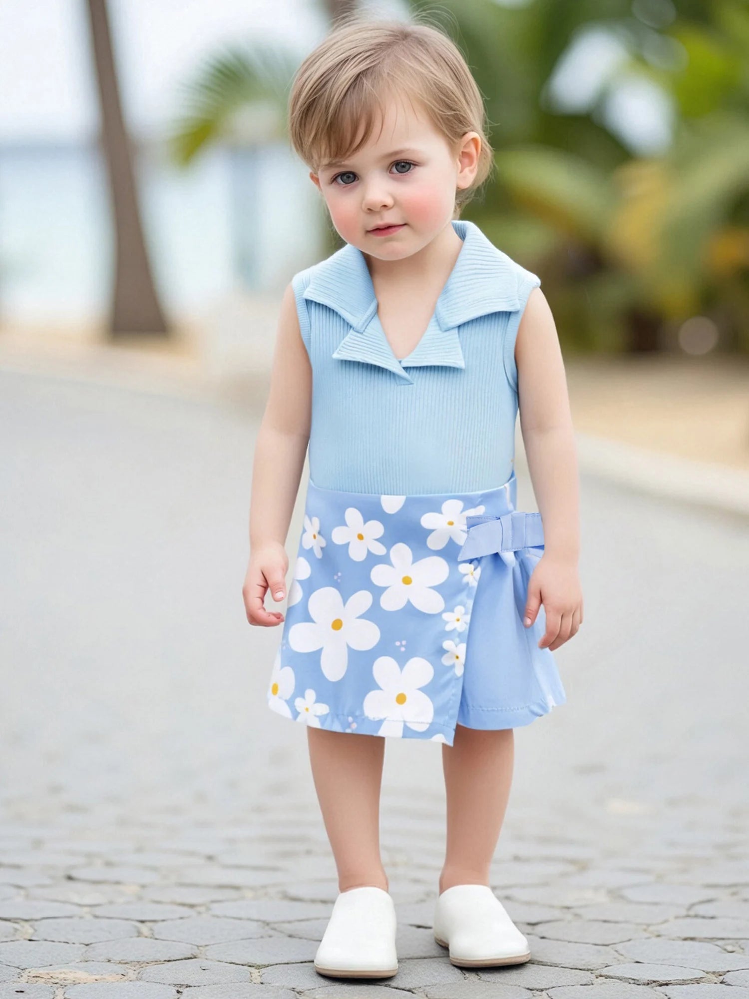Adorable Baby Girls Summer Outfits Sleeveless Ribbed Tank Tops with Elastic Butterfly Flower Print Skirt Shorts Set - Trendy