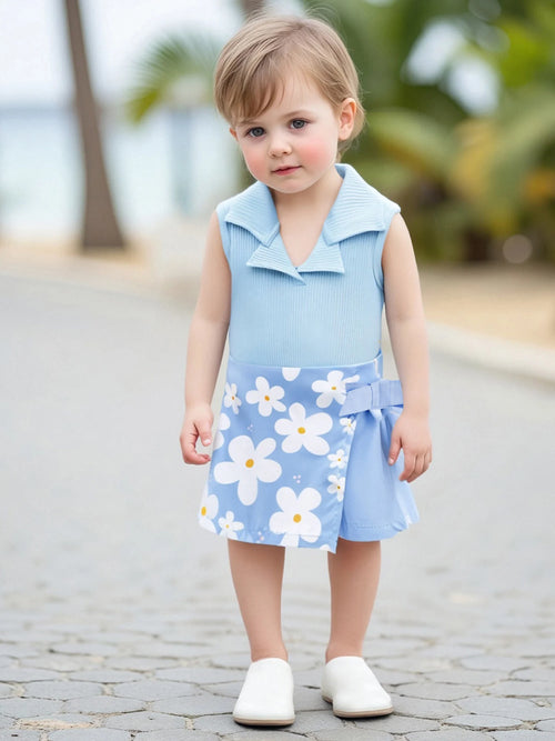 Adorable Baby Girls Summer Outfits Sleeveless Ribbed Tank Tops with Elastic Butterfly Flower Print Skirt Shorts Set - Trendy