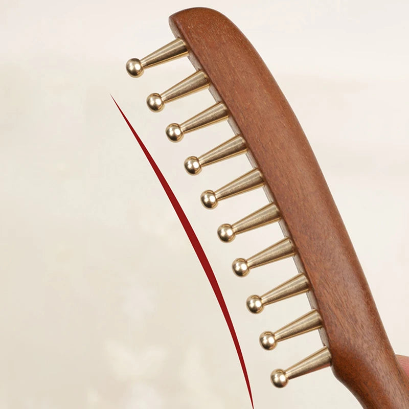 10-Teeth Copper & Wood Massager Comb For Head Meridian Therapy And Relaxation Golden Sandalwood Scraping Guasha Long Handle