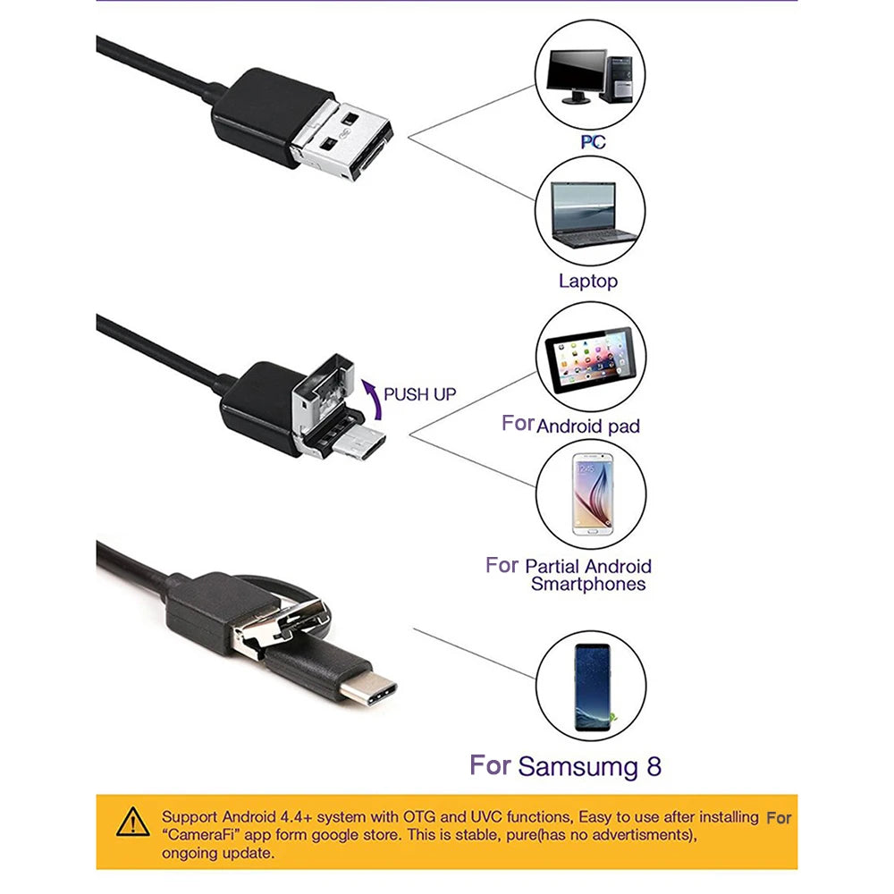 6 LED Light 7mm 1M  Endoscope Camera HD USB Type-C  3In1 Flexible Snake Soft Wire Cable Pipe Inspection Camera Borescope