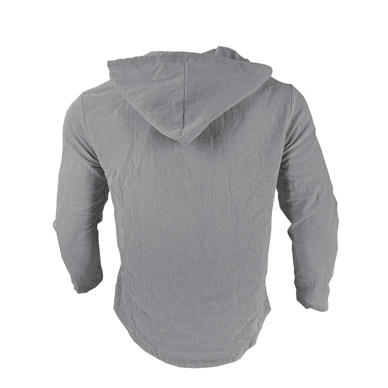 Men's solid color casual shirt, hooded drawstring cotton and linen cardigan, trendy and versatile loose beach T-shirt