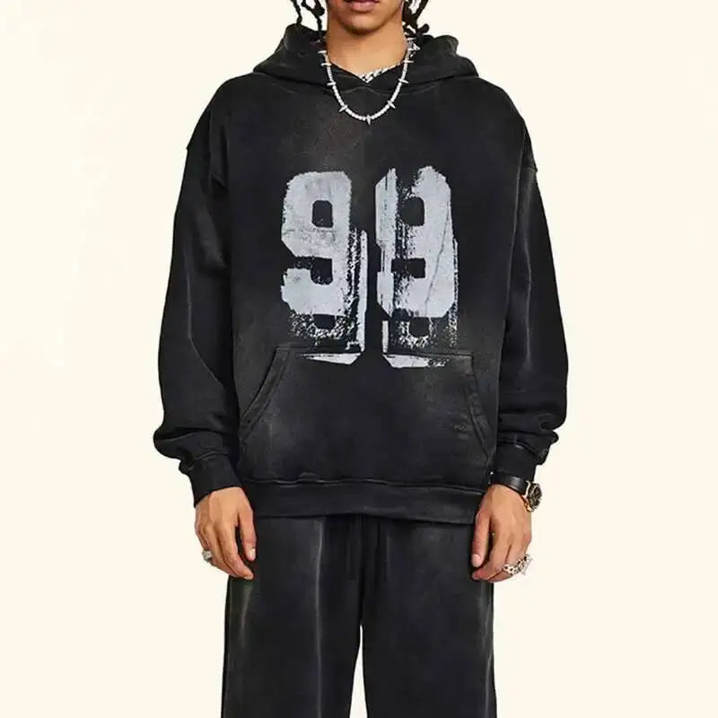PFNW 2025 Spring High Street Vintage Washed Digital Padded Hooded Sweatshirt Men's American Loose Oversized Pullover Top 28W5695