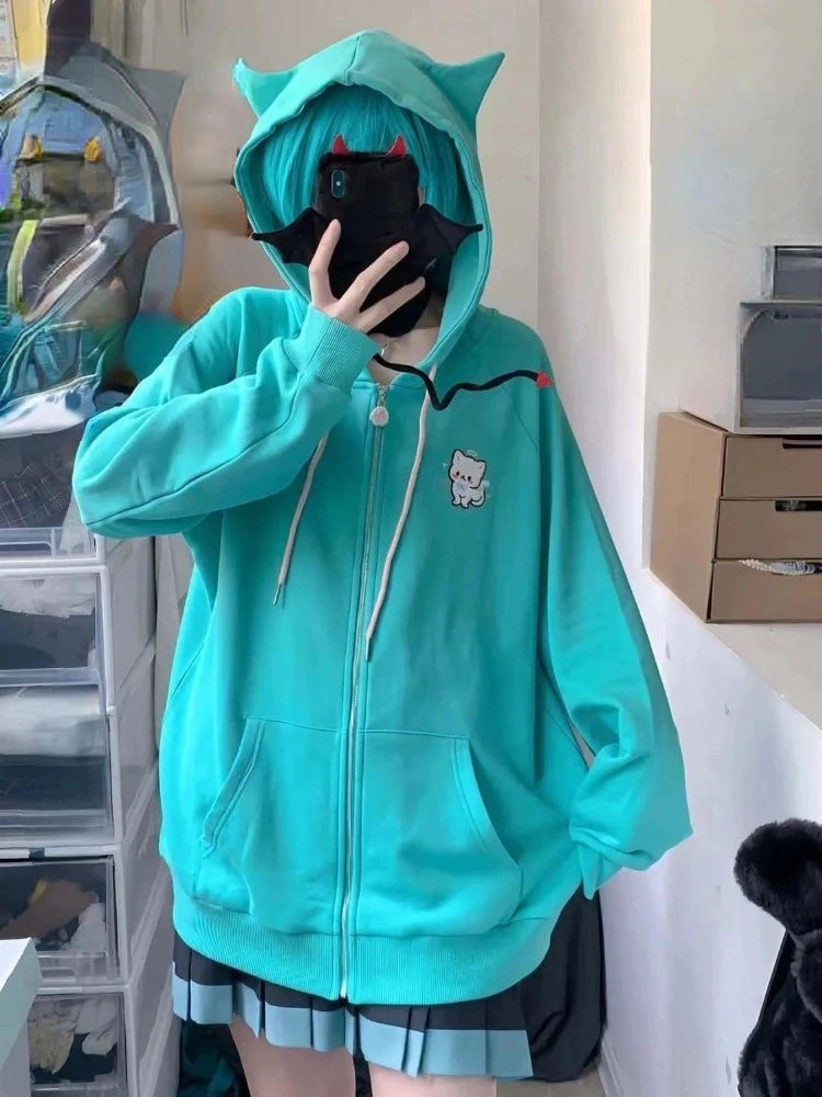 2026 Cartoon Embroider Hoodies Women Y2k Aesthetic Vintage Grunge Tops  Loose Casual Zip Up Sweatshirt Harajuku Streetwear