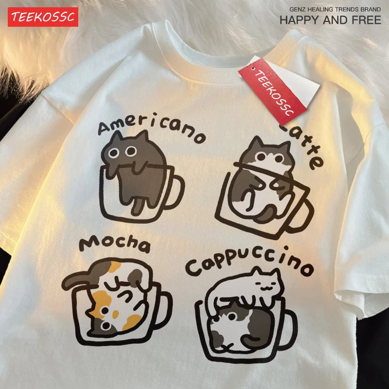 Cat Coffee Pure Cotton Trendy Summer Loose Short Sleeved T-shirt Men Unisex Original Mocha Latte Cat Three Flowers Fun Cat Tees