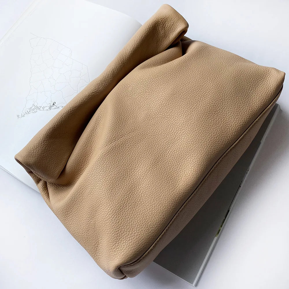 Personality roll-edge leather bag  lazy casual leather soft bag  Phone Women High Quality holding red large bag luxury designer