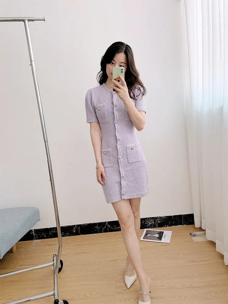 Luxury Crystal Knitted Dresses Women's 2026 Summer Holiday Single Breasted Pearl Sequins Flower Pencil Evening Party Vestidos