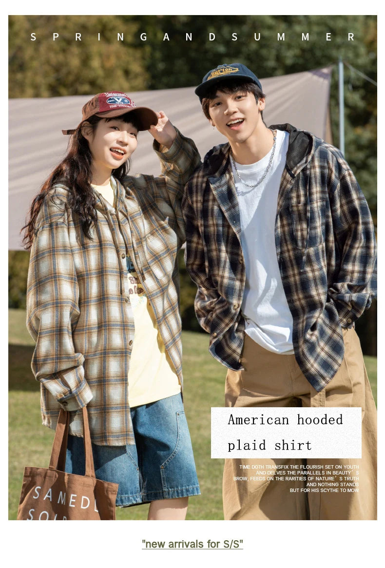 TFETTERS Brand Hooded Shirts Mens Plaid Spring Summer 2025 New Vintage Shirts Male Long Sleeve Fashion Streetwear Mans Coat