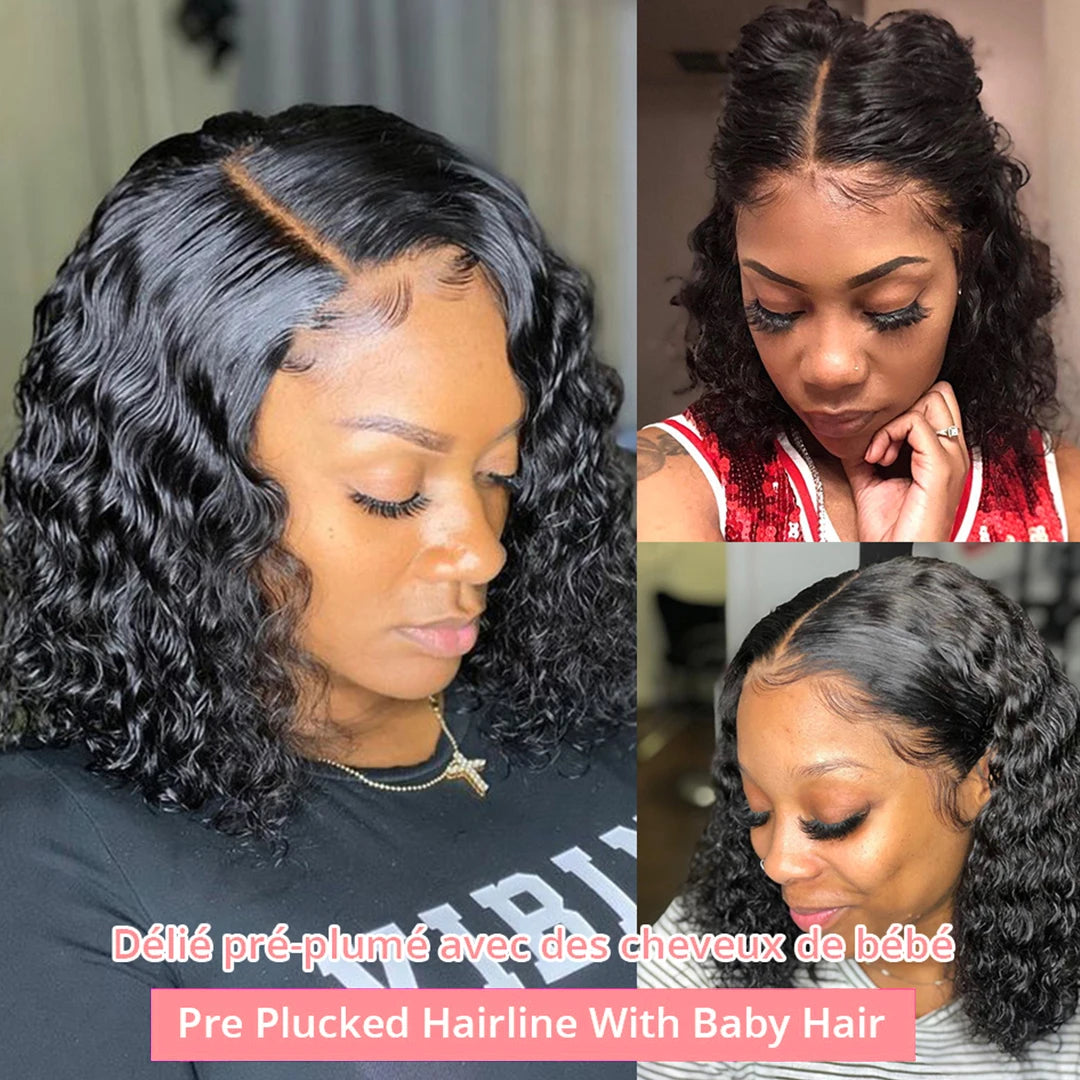 Short Bob Wig Water Wave Curly Human Hair Wig For Women Nature Black Deep Wave 13x6 Hd Lace Frontal Wigs Preplucked