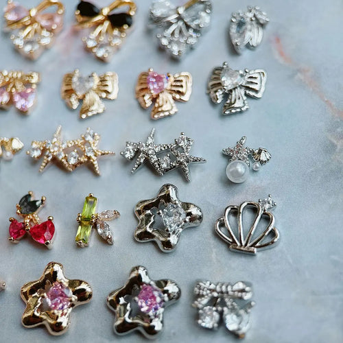 10pcs Summer Shell Starfish Cherry Zircon Crystals Metal Nails Jewelry Decorations Nail Art Accessories Charms Parts Supplies