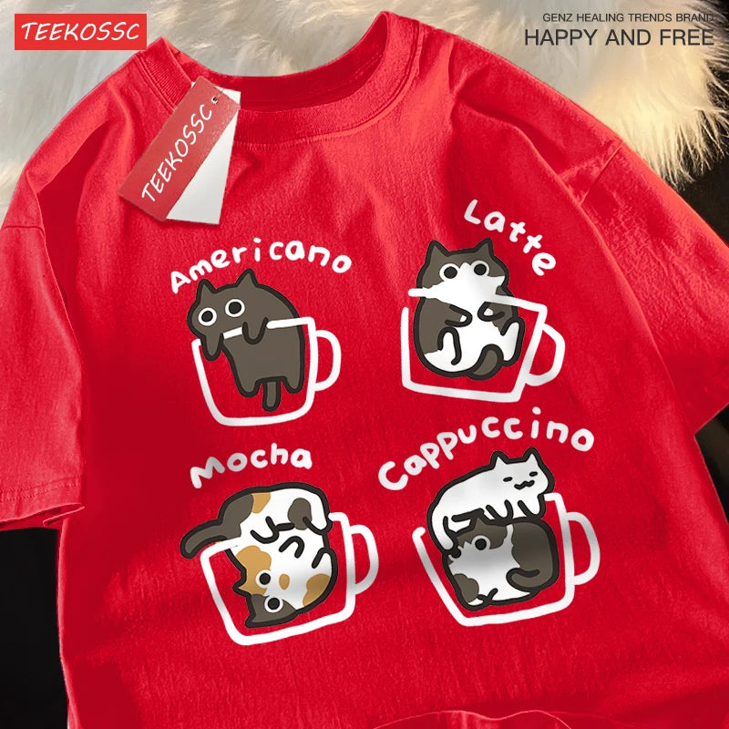 Cat Coffee Pure Cotton Trendy Summer Loose Short Sleeved T-shirt Men Unisex Original Mocha Latte Cat Three Flowers Fun Cat Tees