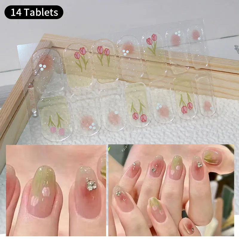 1pc DIY Baking-free Nail Stickers Long-Lasting Solid Color Fresh Flowers Christmas Autumn Nail Strips Patch Full Cover Decal