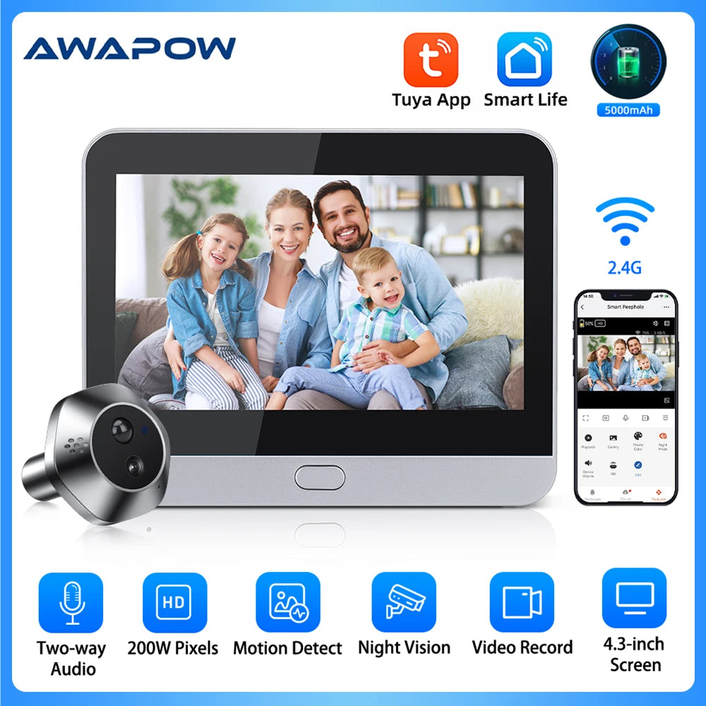 Awapow WiFi Tuya Peephole Camera Smart Life Motion Detection Digital Audio Doorbell Upgrades Two-way Intercom 2 Million HD Pixel