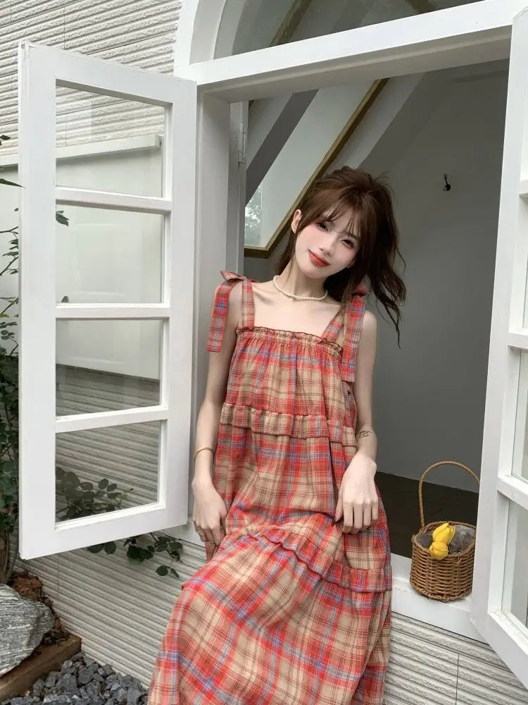 Vintage Plaid Dresses Women Ruffles Sweet French Style Bandage Loose Casual Girlish Summer New Ins Aesthetic Temperament Ulzzang