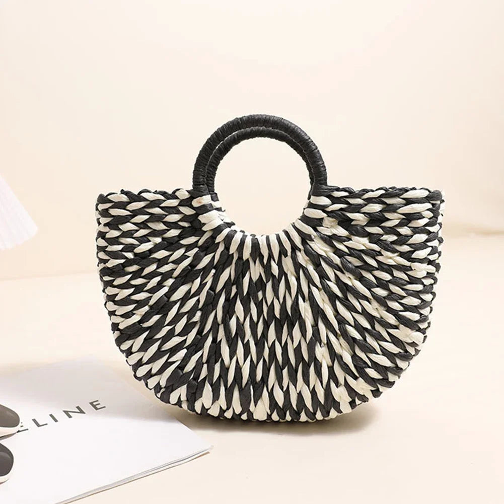 Women Straw Tote Handbag Large Capacity Semi-Circle Woven Bag Color Clash Semicircle Weaving Bag Summer Beach Handbag