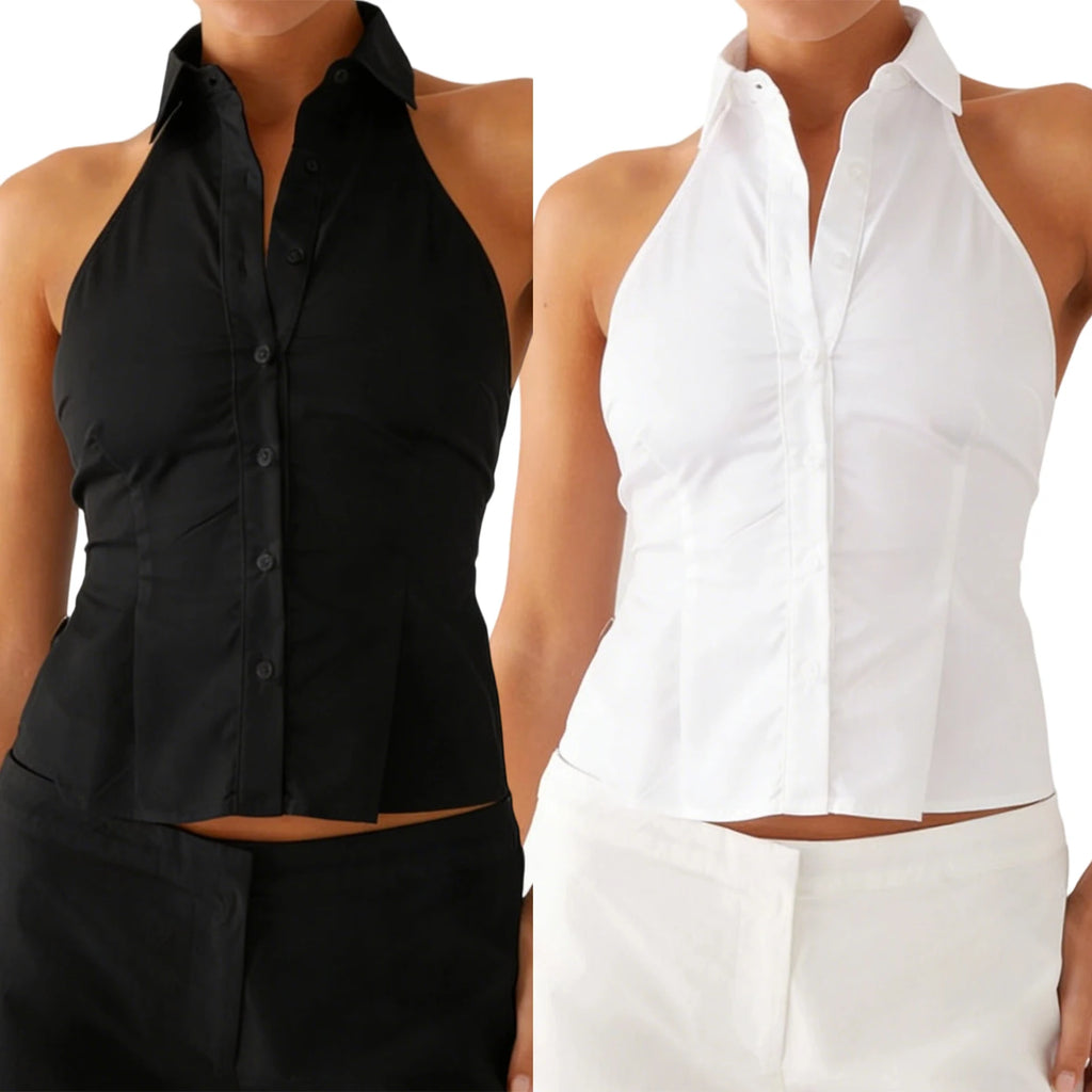 Women Button up Halter Tops Summer Trendy Lapel Tie up Backless Shirts for Streetwear Aesthetic Grunge Clothes
