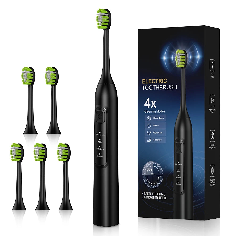 Electric sonic toothbrush with 6 toothbrush heads, USB rechargeable waterproof electric toothbrush, portable for travel