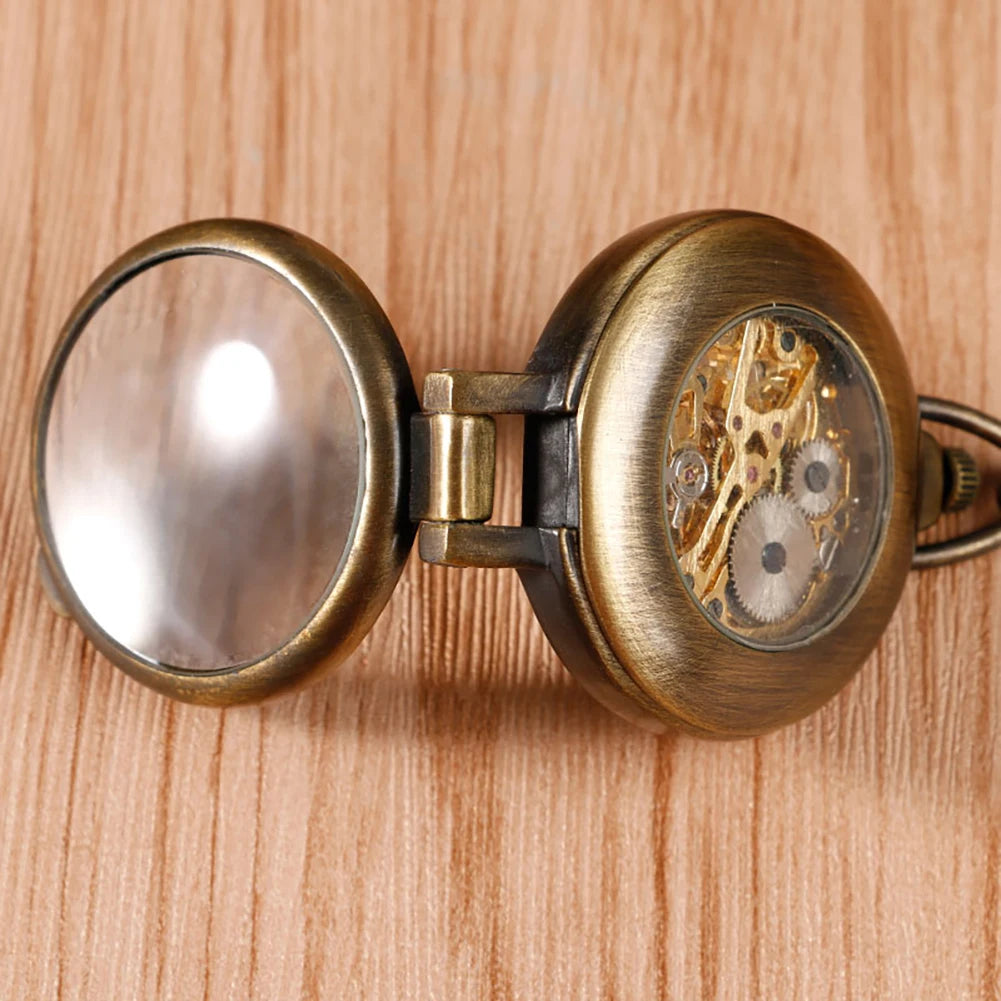 Hand Wind Mechanical Pocket Watch Cool 180 degrees Open Case Transparent Glass Cover Roman Numbers Unisex Chain Christmas Gifts