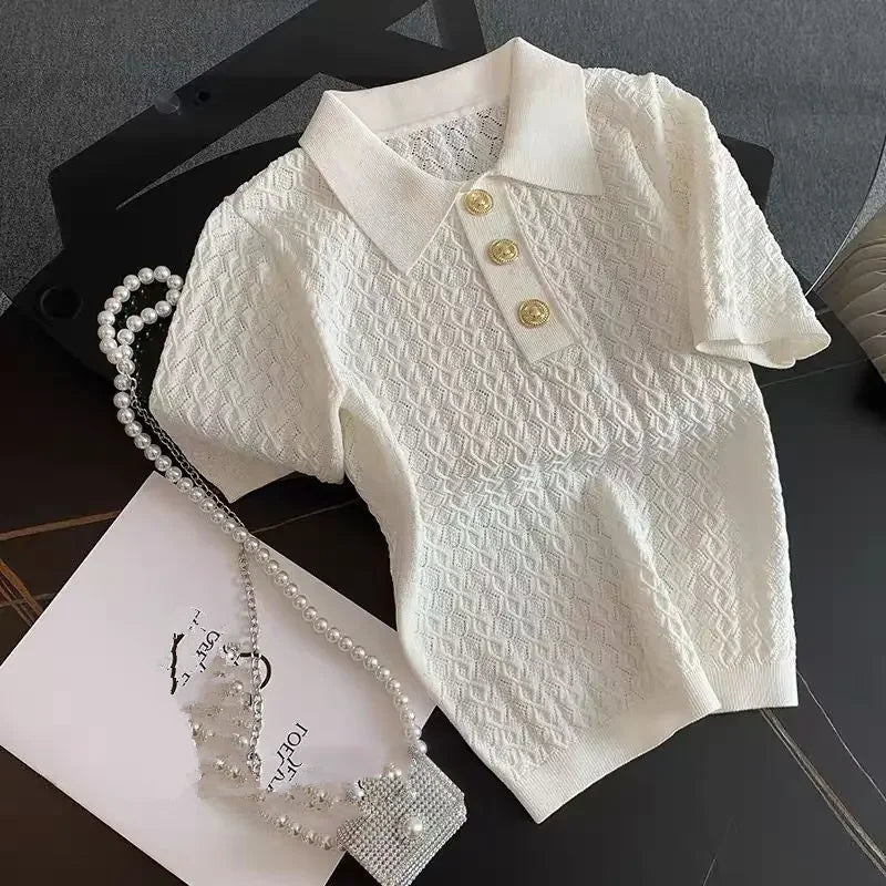 French High end Ice Silk Polo Shirt Women Summer Chic Thin Unique Jacquard Knitted Short Sleeve Loose White T-shirt Women Top