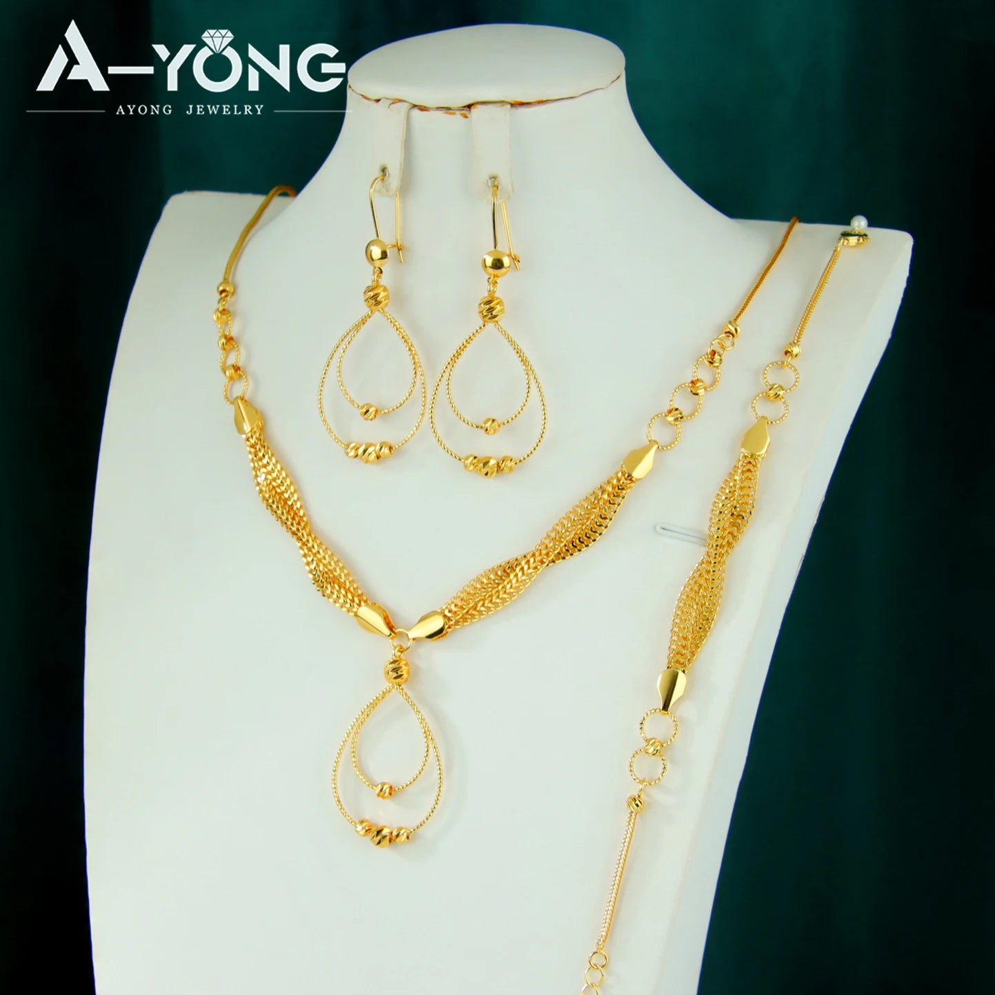 Dubai Fashion Waterdrop Jewelry Set 24k Gold Plated Arabic Exquisite Beads Necklace Bracelet Earrings Oman Bridal Jewelrys