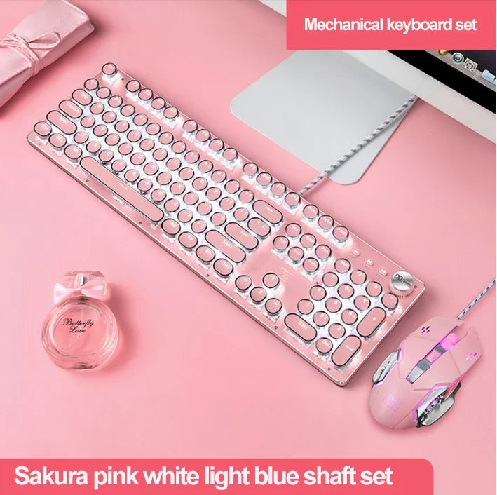 Girl Pink Real Mechanical Keyboard Green Axis Punk Retro Round Key Chocolate Lipstick Office Typing Game Keyboard