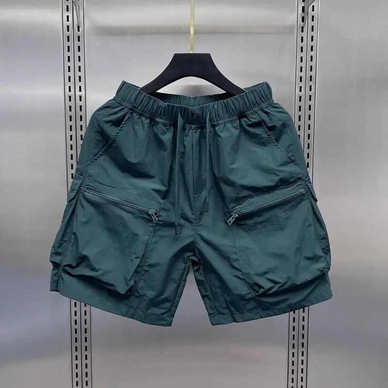 Men's Retro Multi Pocket Cargo Shorts Summer Thin Loose Straight Casual Outerwear Capris Solid Color Drawstring Short Pants