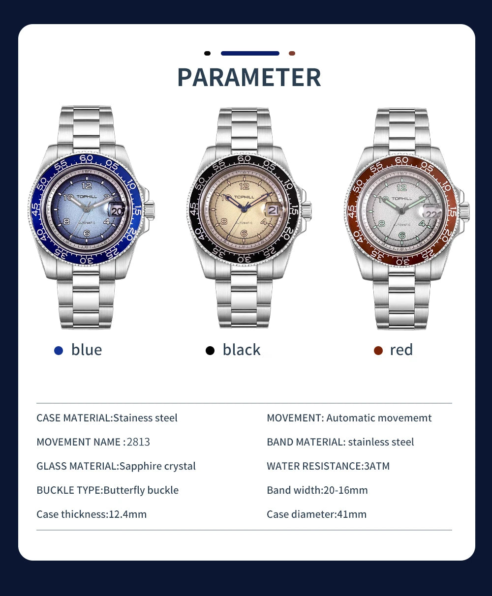 TOPHILL 41mm New Men's Watch Calendar Display Automatic Mechanical Watches Miyota 2813 Movement Sapphire Luminous Wristwatch