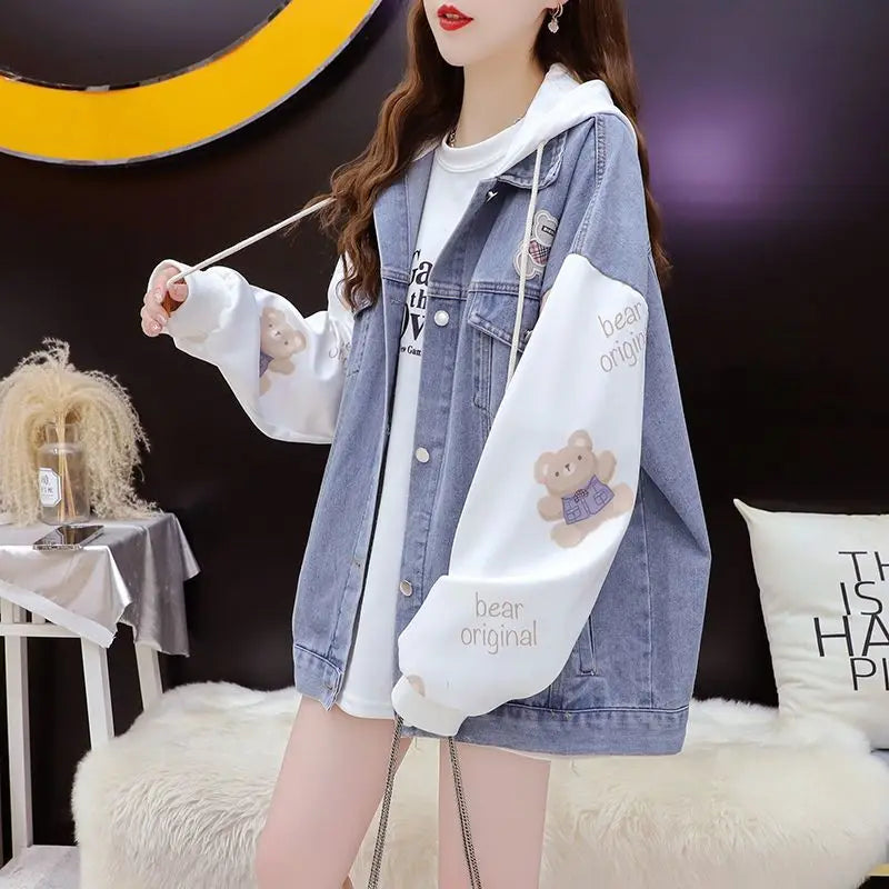 Women's Denim ort Jaet Spring Autumn New Sle Retro Hooded Loose Casual High Street Top Faion Versatile Loose Fit Jean...
