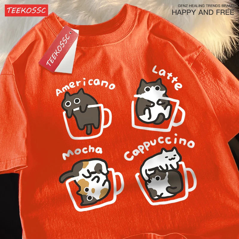 Cat Coffee Pure Cotton Trendy Summer Loose Short Sleeved T-shirt Men Unisex Original Mocha Latte Cat Three Flowers Fun Cat Tees