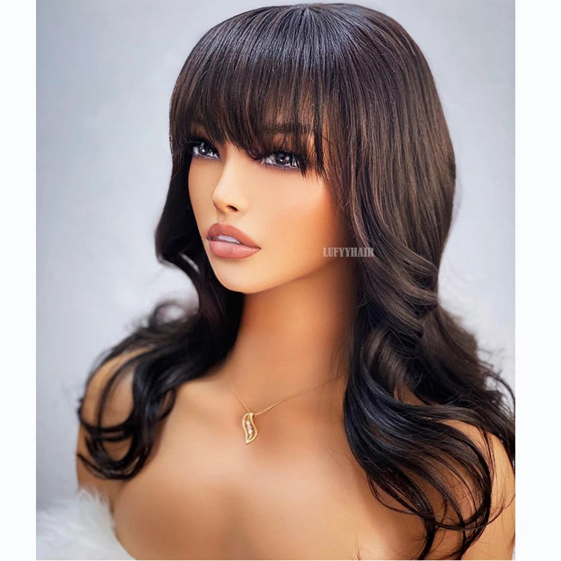Body Wave Human Hair Wigs With Bangs 5x5 PU Silk Base Closure Wig 150% Density Malaysian Remy Hair Wavy Wigs For Women