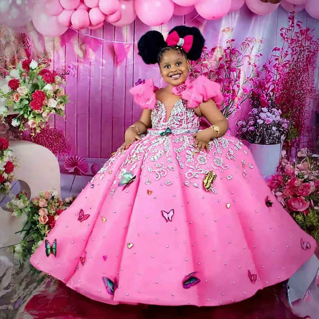 Luxury Beading Flower Girl Dresses Princess Hot Pink Customized Ball Gown Baby Girls First Birthday Party Pageant Dress
