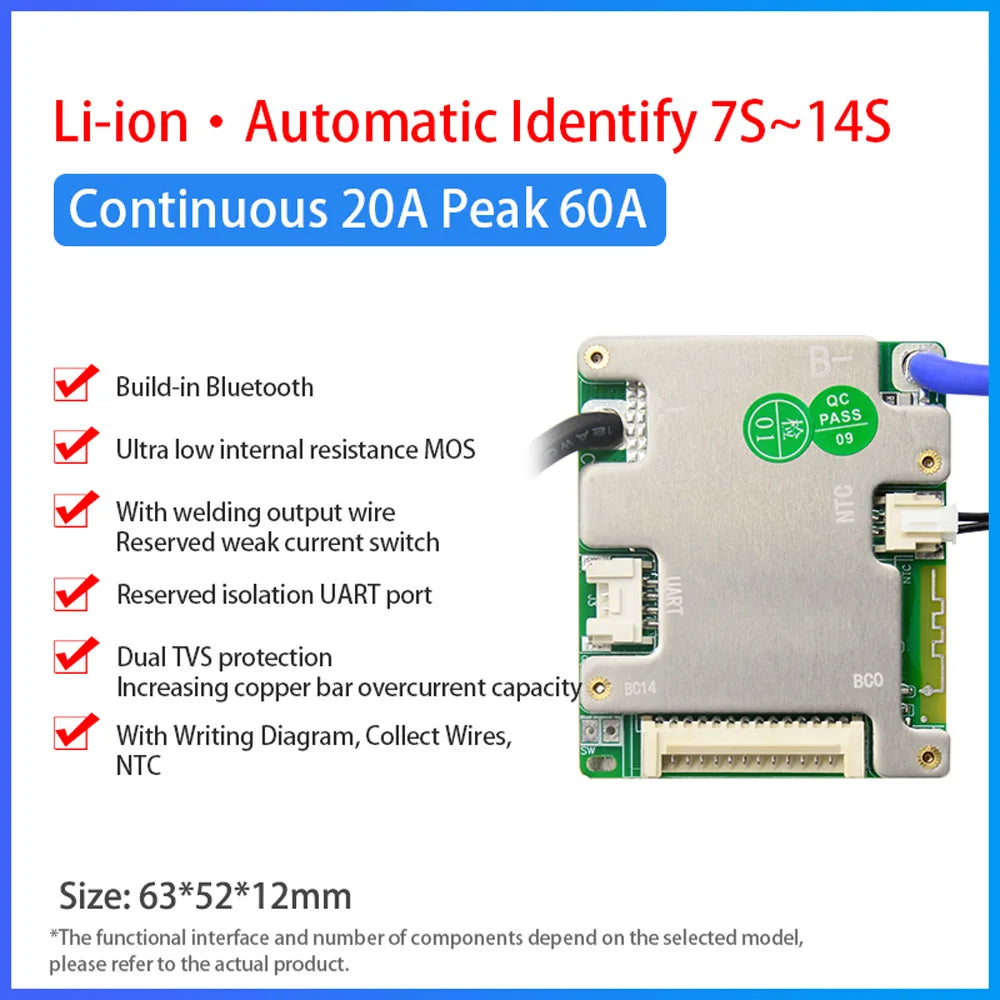 JiaBaiDa Automized Identify 7s-14s 7S 8S 9S 10S 11S 12S 13S 14S 20A 30A 40A 50A LFP NMC Smart BMS 24V 36V 48V