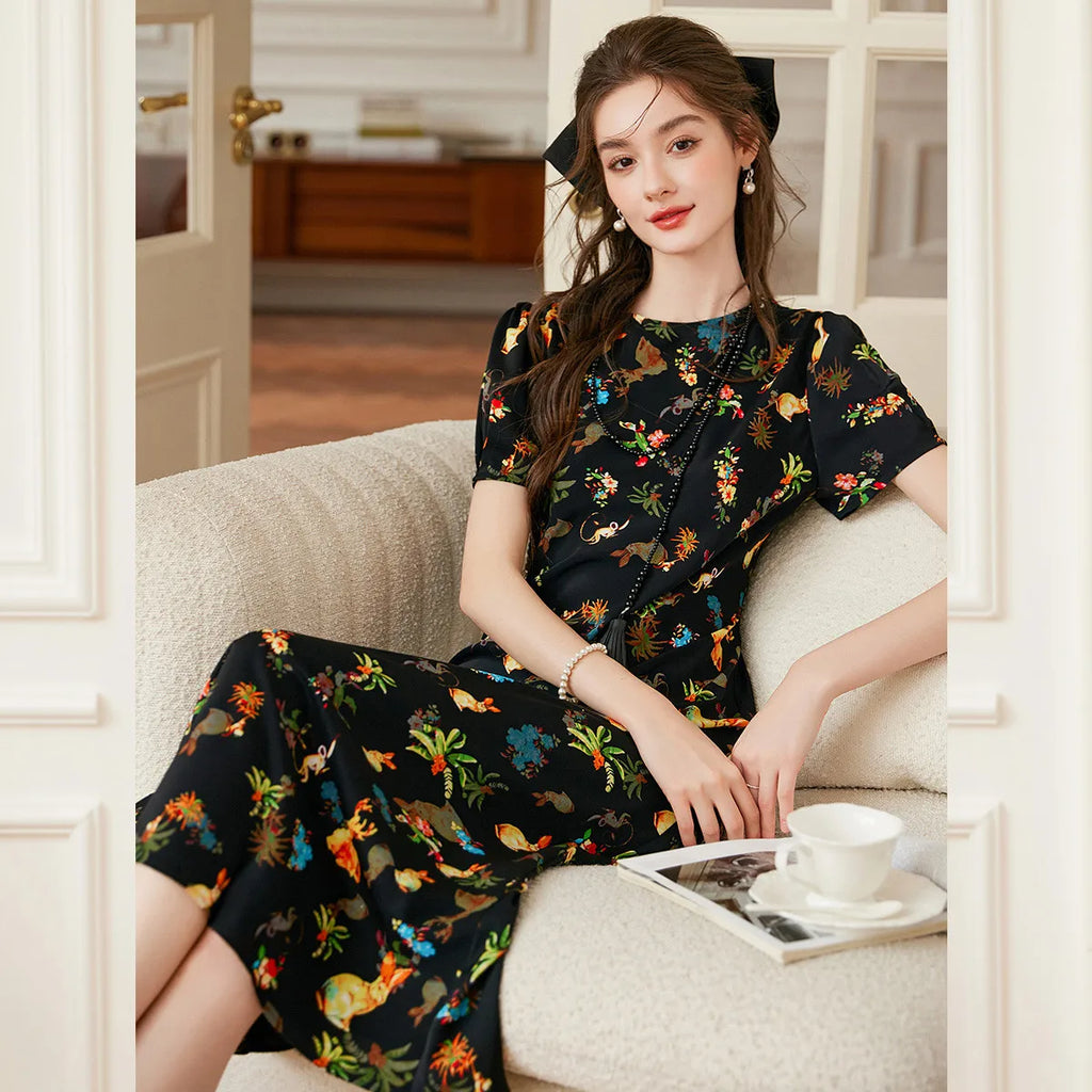 LOUIS YAO Women's Printed Dress 2025 Summer Soft Fabric New Cute Animal Flower Patterns Umbrella-shaped Skirt Hem Long Dresses