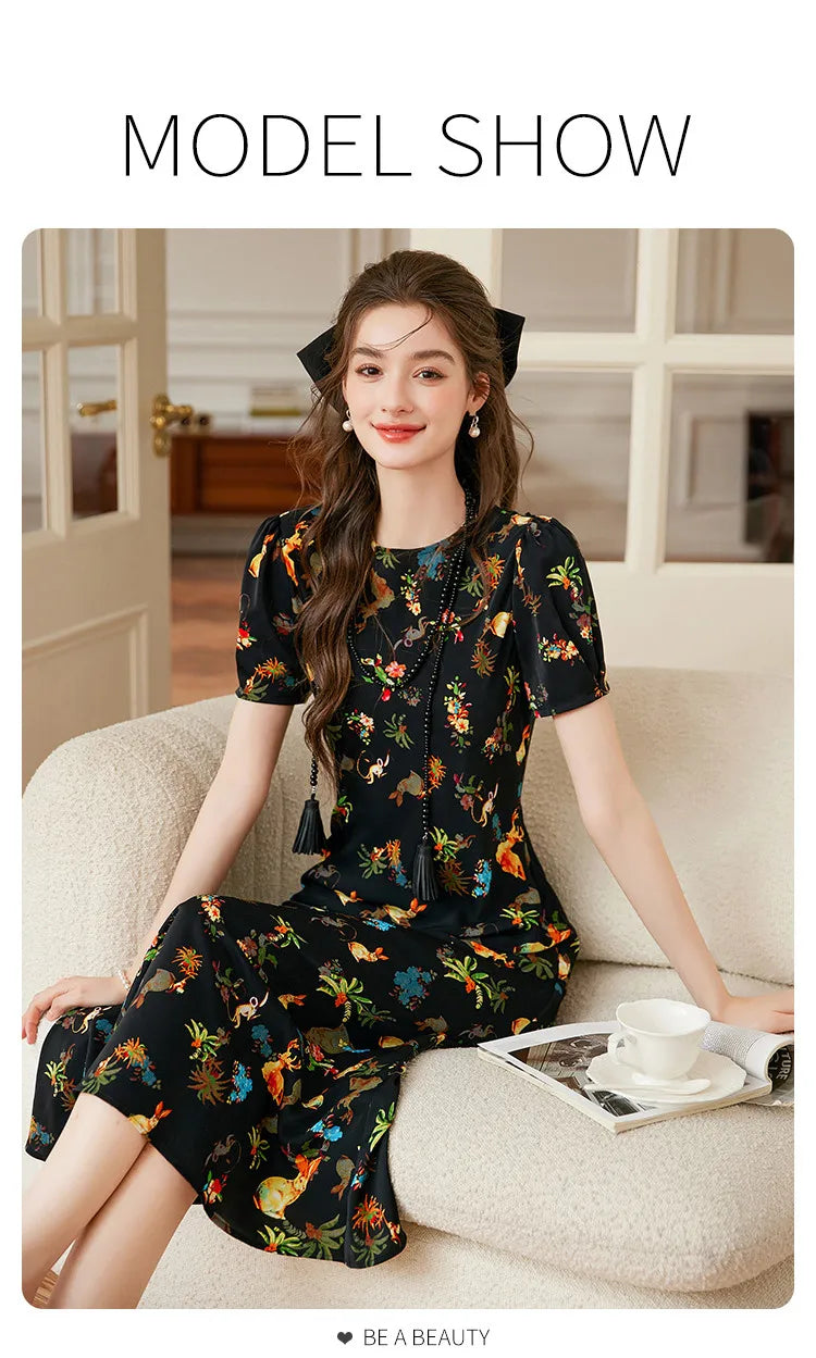 LOUIS YAO Women's Printed Dress 2025 Summer Soft Fabric New Cute Animal Flower Patterns Umbrella-shaped Skirt Hem Long Dresses