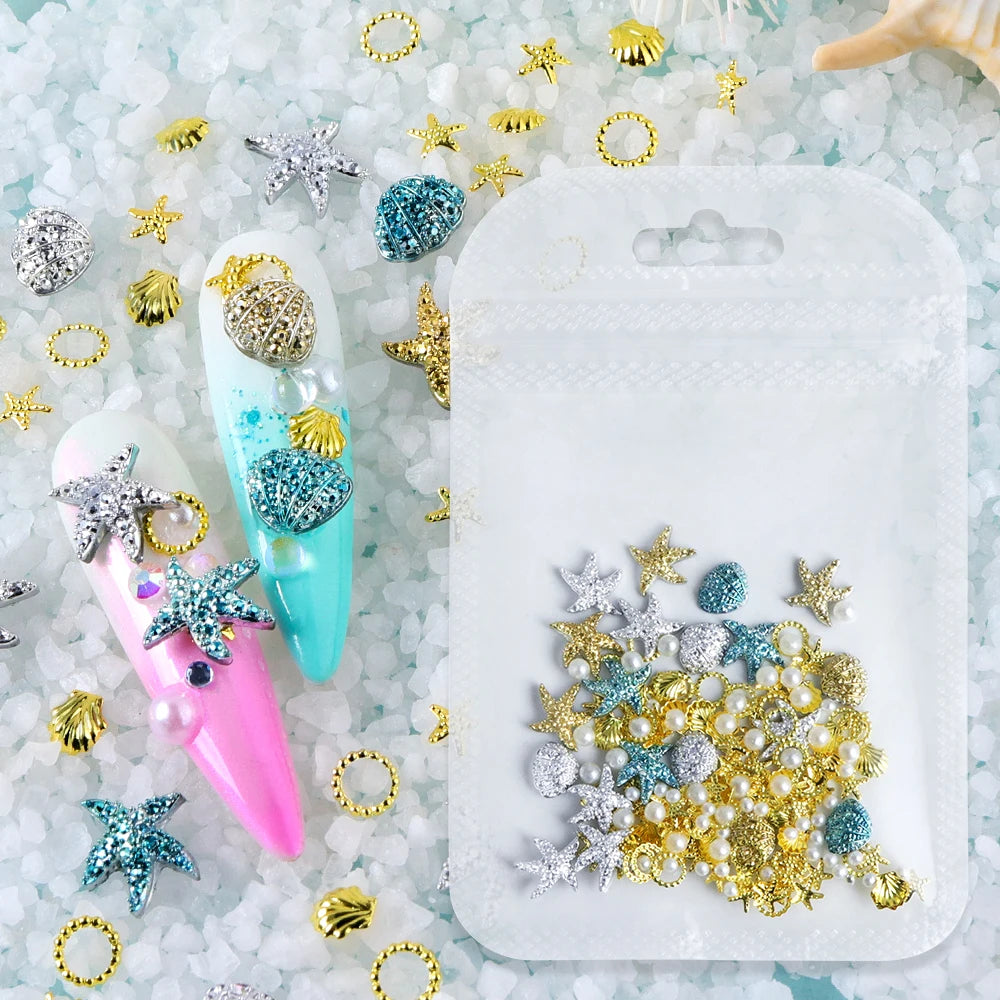 Ocean Style Seashell Starfish Nails Accessories Starfish Conch Metal Rivets Nail Charms Summer DIY Nail Art Supplies Decorations