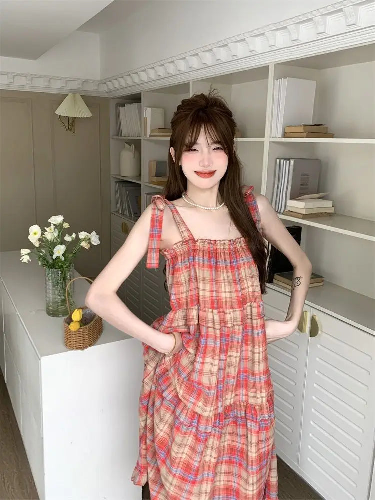 Vintage Plaid Dresses Women Ruffles Sweet French Style Bandage Loose Casual Girlish Summer New Ins Aesthetic Temperament Ulzzang