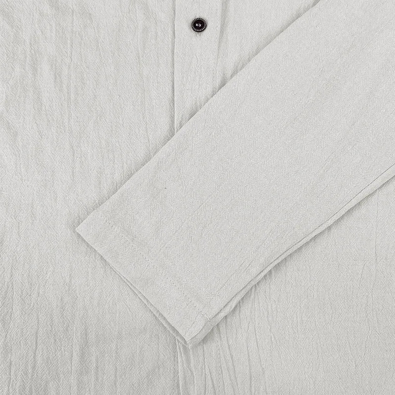 Men's solid color casual shirt, hooded drawstring cotton and linen cardigan, trendy and versatile loose beach T-shirt