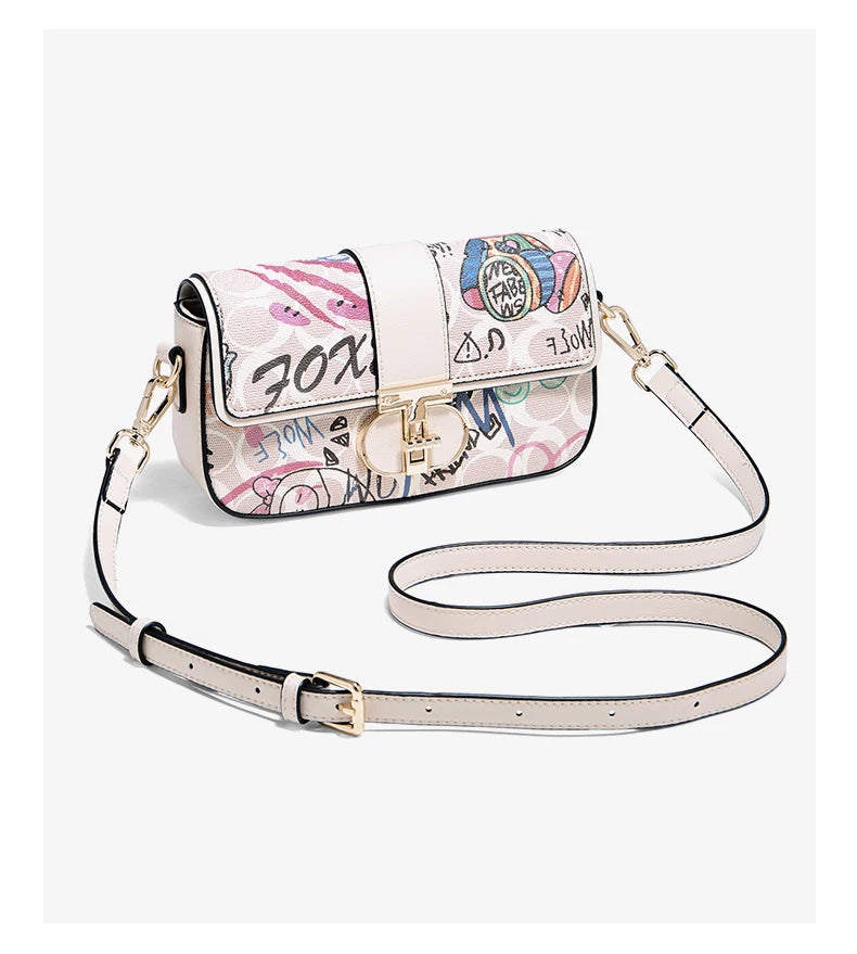 FOXER 2026 Fashion New Women's Underarm Bag PU Leather Graffiti Lady Chain Shoulder Bag Trendy Niche Design Crossbody Bag