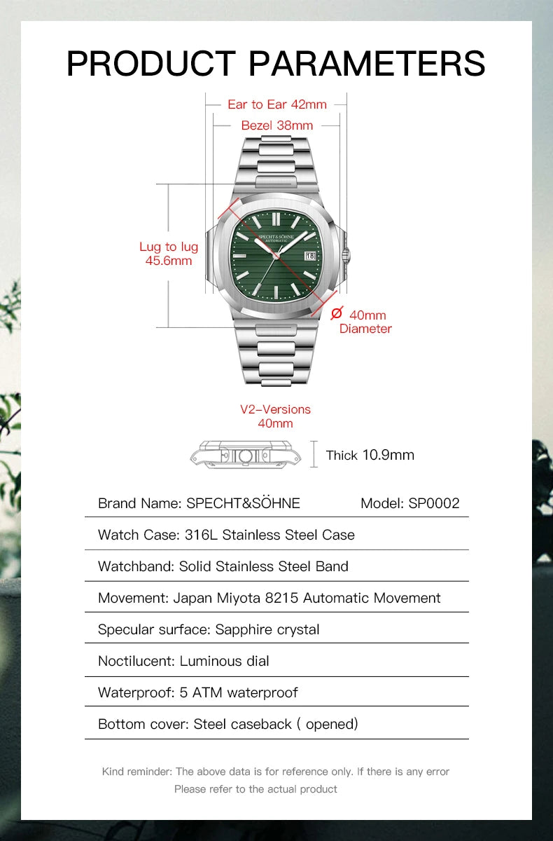 New Arrivals Specht & Söhne Mens Watches Classic Watch Automatic Watch Rose Gold Stainless Steel Relogio Masculino Waterproof