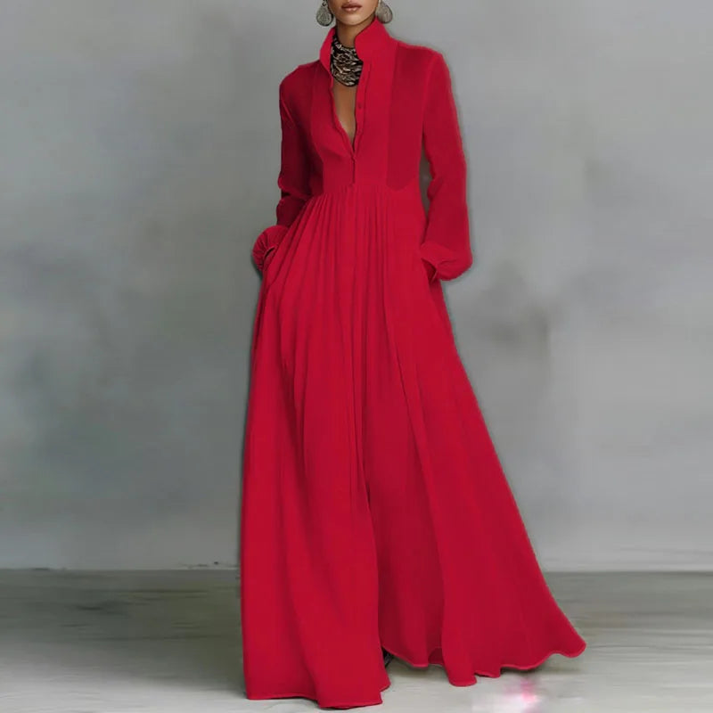 Bohemian Stand Collar Button Maxi Shirt Dress Woman Elegant High Waist Solid Party Dress Spring Long Sleeve Loose Casual Dresses