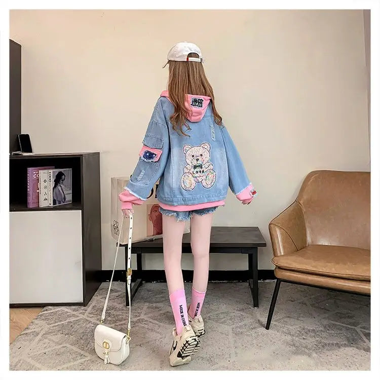 جاكيت دينم نسائي، جاكيت قصير لربيع وخريف جديد، جاكيت كلاسيكي بقبعة، فضفاض وعصري، متعدد الاستخدامات، بقصة فضفاضة...