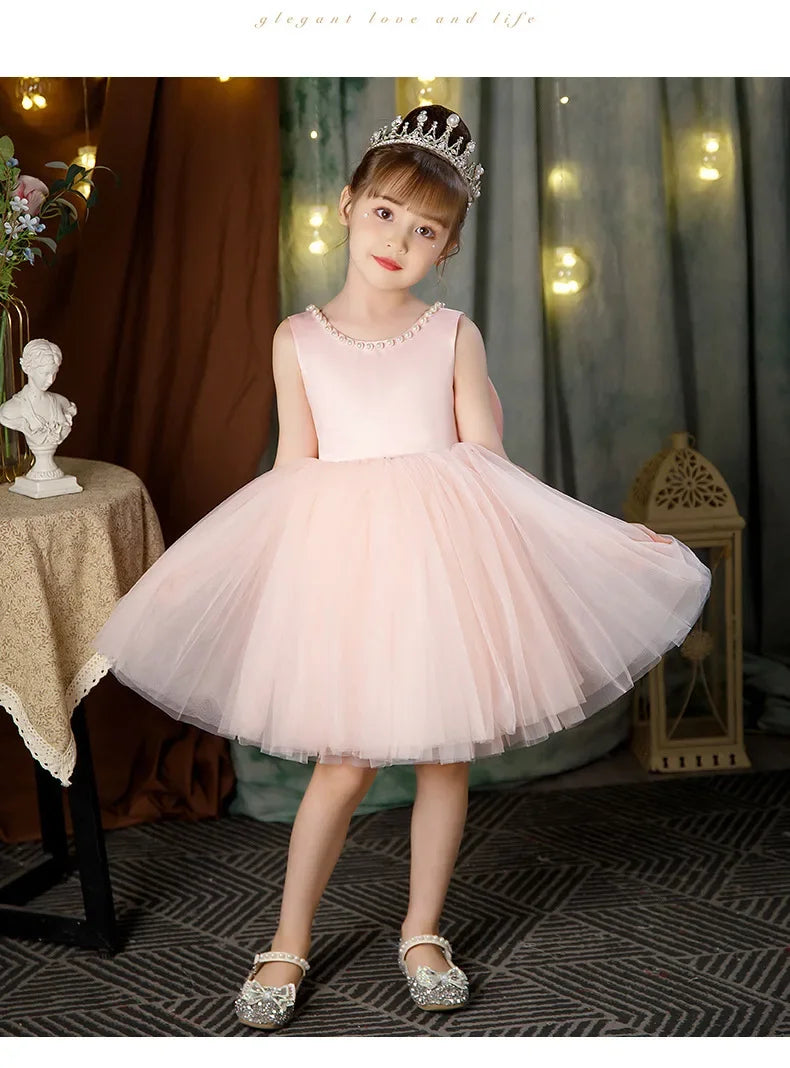 New Girls Princess Dress Summer Tulle Big Bow Girls Wedding Dress Piano Performance Costume Host Costume 2-10 Years Kids Clothes