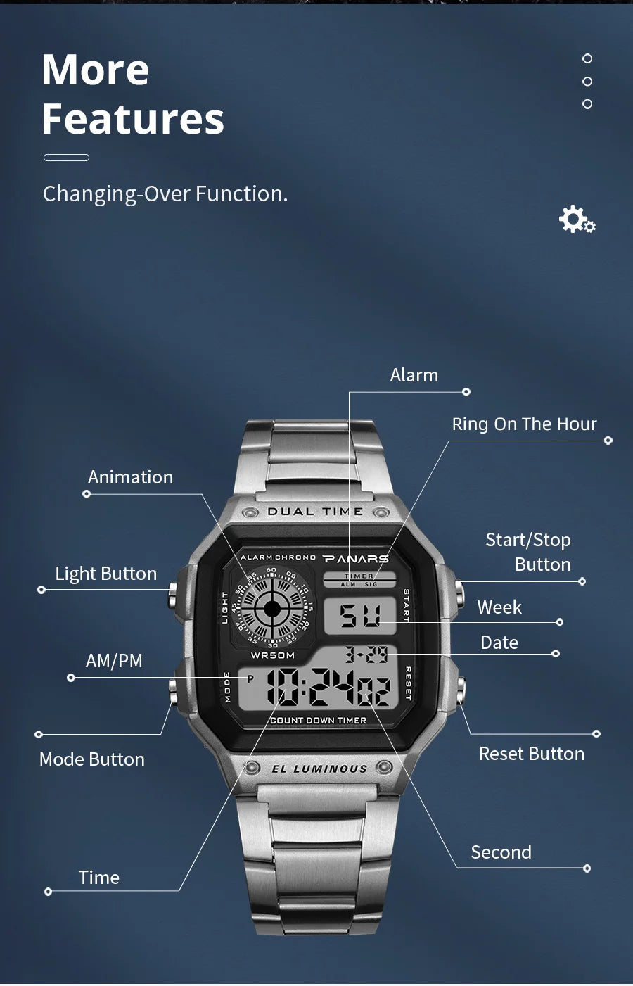 PANARS Top Luxury Stainless Steel Strap Sport Watches Mens Waterproof Back Light Digital Wristwatch Male Alarm