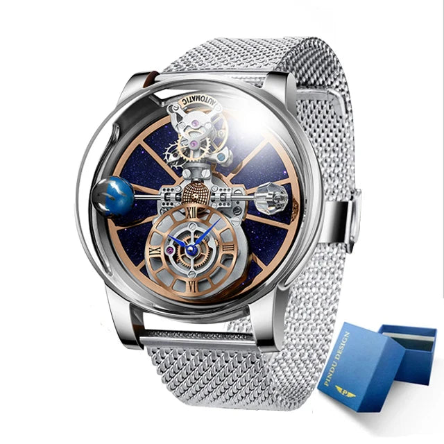 PINDU Design Watches Man Starry Sky Watch For Men Quartz Wristwatches Clock Earth Theme Design Man Watch Celestial Body Series