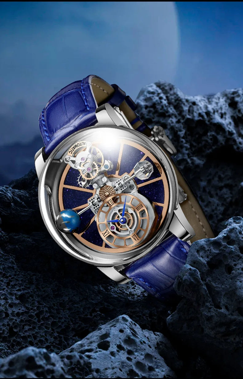 PINDU Design Watches Man Starry Sky Watch For Men Quartz Wristwatches Clock Earth Theme Design Man Watch Celestial Body Series