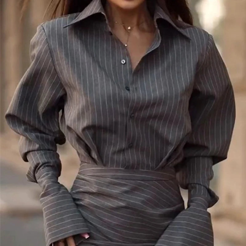 BKLD Dark Gray Fashion Sexy Office Lady Stripes Print Single Breasted Long Sleeve Lapel Shirt+Mini Slim Skirts Casual Streetwear
